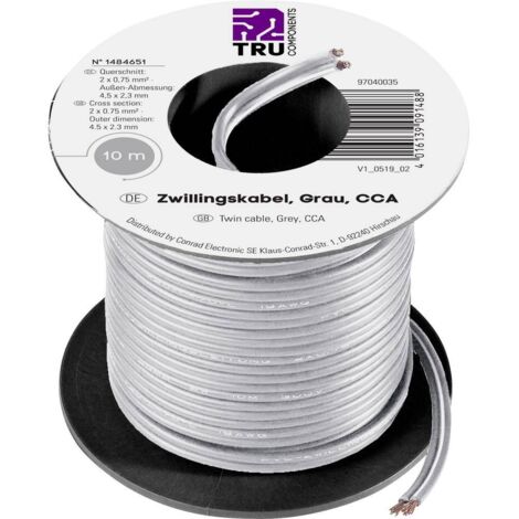Tru Components – Fil de câblage 0.75 mm² 2 x 10 m – 93030C503 – PVC gris pour appareils électriques légers – Tension 300V