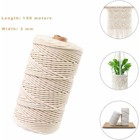 fil de macramé,Coton Naturel Corde en Jute,Corde de Coton Cordon pour Macramé,Corde de Coton,Macramé pour DIY (100M-3mm)