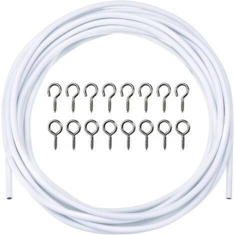 Fil de Rideaux 3 Mètre Blanc - Câble à Rideau Kit Avec 6 Paires Crochets et Yeux - Corde Suspendue pour Tringle à Suspendre des Rideaux en Filet