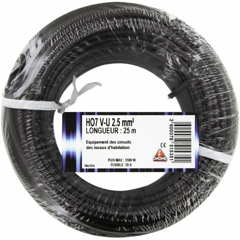 Fil électrique 2,5 mm² – Conducteur rigide 25 m – Tension 450/750 V – Conforme norme NFC 32-201 – Couleur noir – Dhome