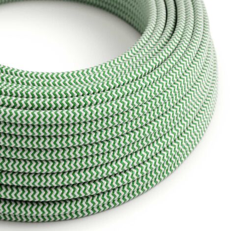 Fil électrique ZigZag recouvert de tissu vert gazon et blanc optique - Les câbles créatifs originaux, pour vos lampes - RZ06 - 10 mètres