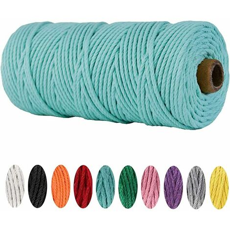 Fil macramé - 3 mm x 100 m - 100 % coton - Corde en coton - Corde en coton - Tricotée - Suspension murale pour suspendre des fleurs - Décoration bohème - Bricolage (bleu clair)