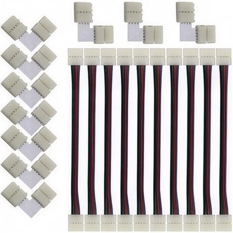 Fil sans soudure LED RVB, 4 broches 10mm large bande à bande, connecteur sans soudure à angle droit en forme L à 4broches, total 20pièces, pour bande lumineuse LED RVB 4broches 10mm 5050