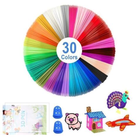 Filament de Stylo 3D 30 Couleurs Filament PLA 1.75 mm Chacun 5M avec 1 album de peinture et 2 gants de doigt