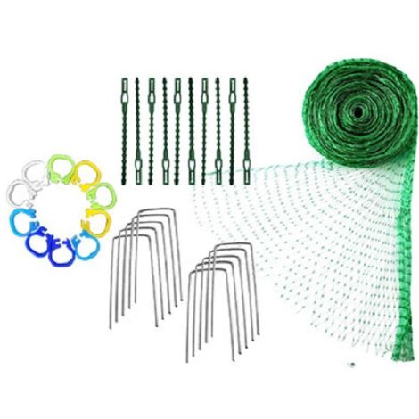 Filet anti-oiseaux 4 m x 10 m avec 10 piquets de jardin en forme de U, 10 anneaux de 3 m et 10 attaches de câble, filet de protection pour oiseaux et plantes de jardin