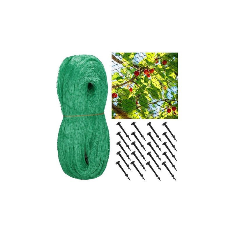 Springos - Filet anti-oiseaux pour arbres et arbustes de 10x20m avec 20 piquets de fixation. Couleur verte.