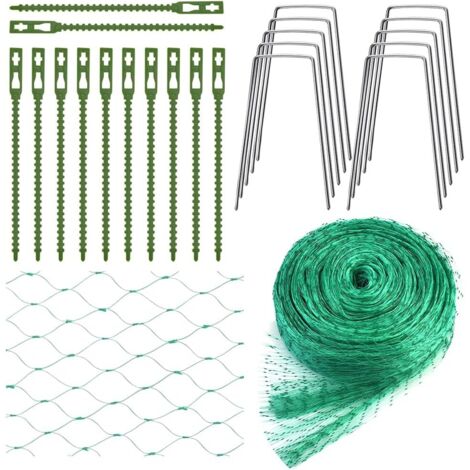 Filet anti-oiseaux pour jardin – 4 x 10 m vert – Avec attaches et piquets – Protège fruits/légumes