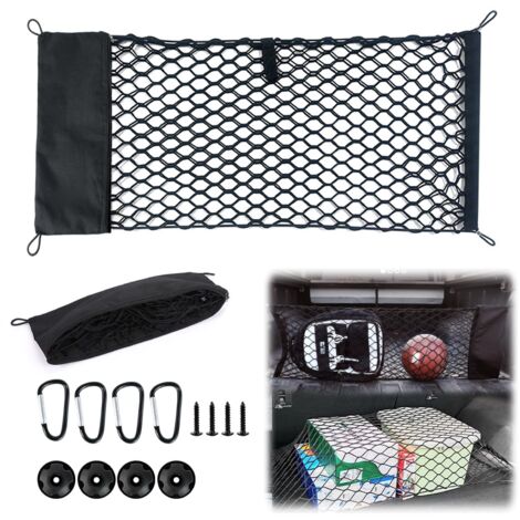 Filet Coffre Voiture, Filet Rangement Voiture, Filets de Rangement Camping Car Double Couche, Élastique Organisateurs Sac 90×40cm avec 4 Crochets pour Van, Camions, SUV, Auto
