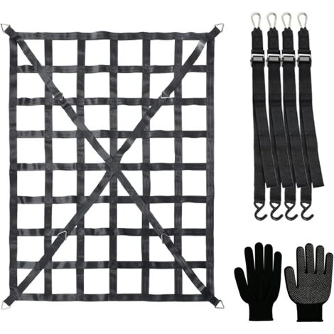 Filet de chargement pour benne de pick-up, réglable et robuste, compatible avec les SUV, pick-up et remorques, avec 4 sangles de fixation et gants - 167 cm x 127 cm