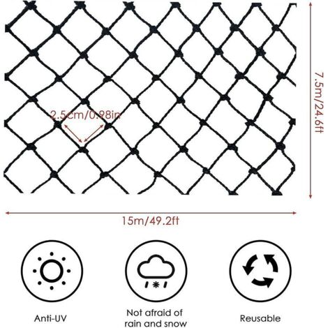 Filet de protection contre les merles noirs 7,5 x 15 m pour arbres, fruits, légumes et bassins