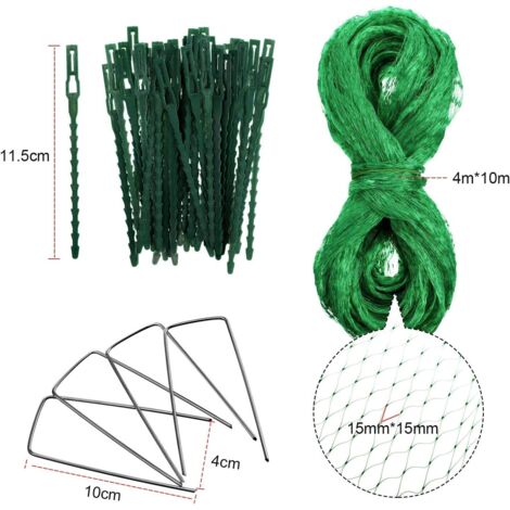 Filet de protection contre les oiseaux 4 m x 10 m pour jardin et arbres fruitiers, avec attaches de câble et supports de jardin en forme de U (vert)