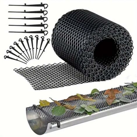 Filet de protection pour gouttière, 6 m x 15 cm, avec 10 crochets de fixation, noir, découpable et résistant