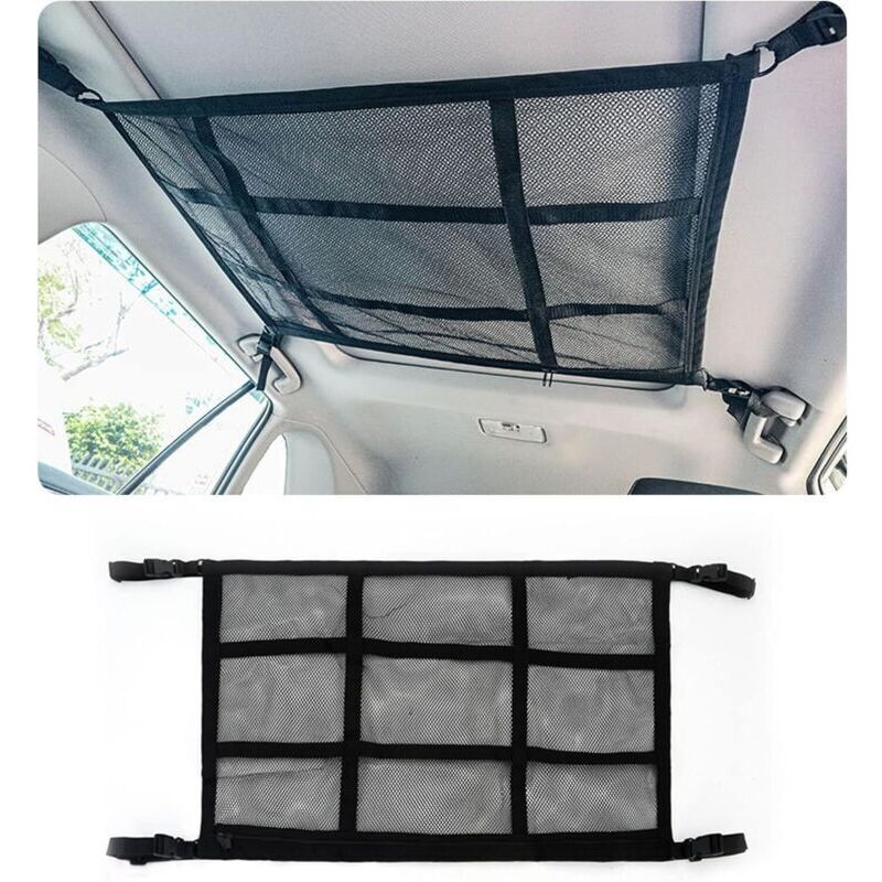 Filet de rangement de toit, organisateur de toit pour SUV, fourgonnettes et coffres avec quatre poignées. Accessoire intérieur pour les longs séjours