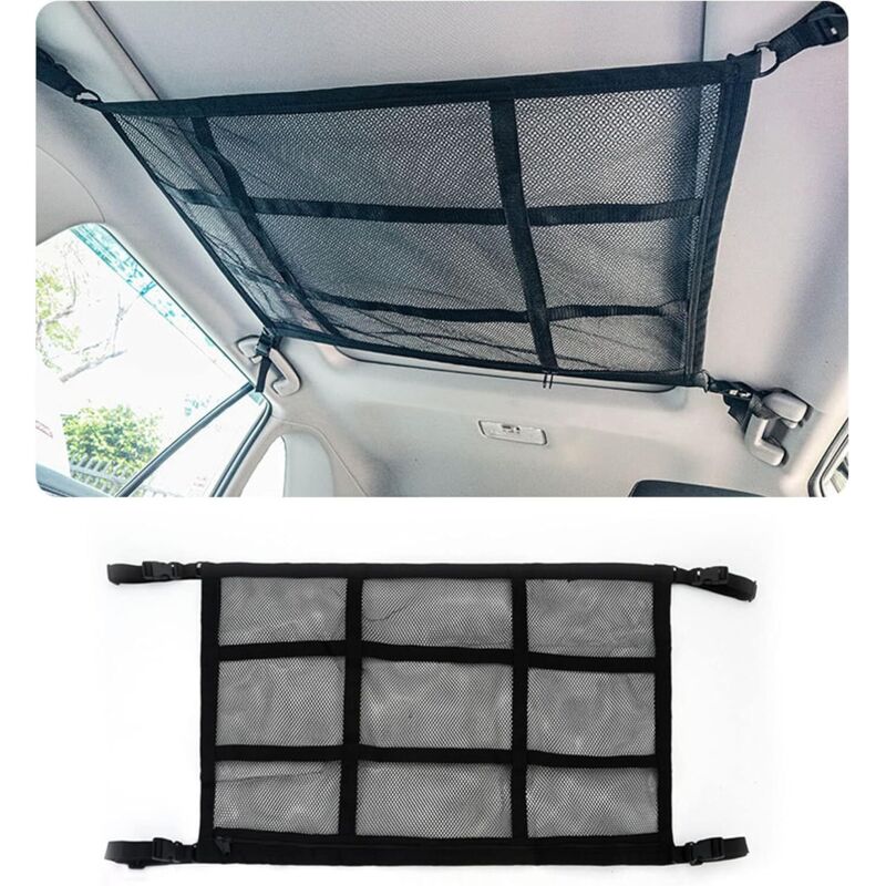 Filet de rangement de toit, organisateur de toit pour SUV, fourgonnettes et coffres avec quatre poignées. Accessoire intérieur pour les longs séjours