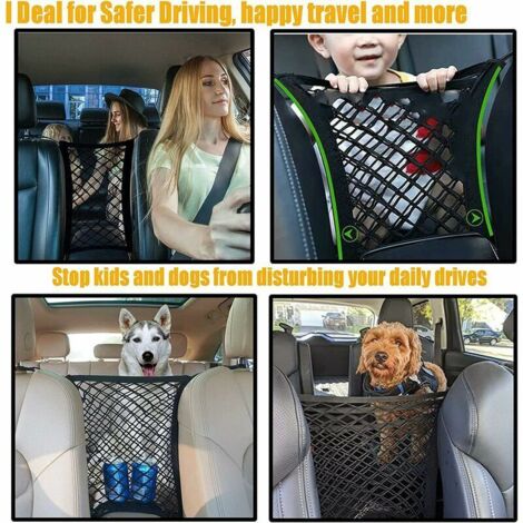 Filet de Rangement pour siège Auto，Filet de Voiture 3 Couches 2 Poches, Filet avec Crochet et barrière en Maille Extensible, Barrière de Filet de Voiture pour Chien, Animal de Compagnie ou Enfants noi