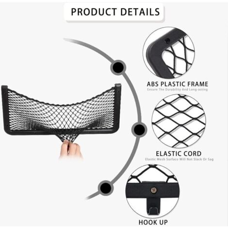 Filet de rangement pour voiture – 4 pièces élastiques avec crochets, dimensions 36 x 18 cm, idéal coffre auto et camping-car