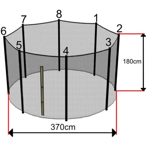 Filet de sécurité trampoline 360 à 370 cm – 8 montants de 180 cm – Fermeture zip et clips – Protection optimale