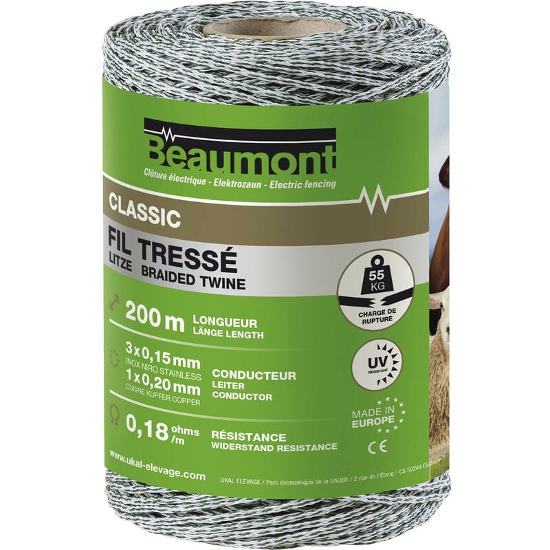 Fil électrique tressé Beaumont Classic blanc et vert 200 m