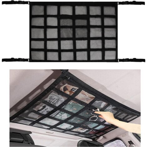 YOZHIQU Filet rangement pour toit ,ciel de toit voiture sac, universel maille sac pour toit de voiture intérieur filet Élastique,convient aux voitures, camionnettes et caravanes, noir (90 65cm)