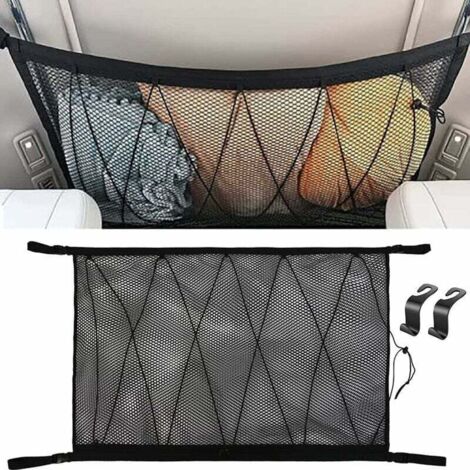 Filet Rangement Voiture 90cmx65cm, Multifonctionnel Organisateur avec Fermeture Éclair avec 2 Crochet de Siège Auto, Filet de Rangement Camping Car, Organiseur Voiture pour SUV, Jeep, Van