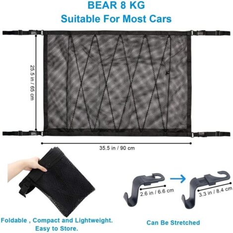 Filet Rangement Voiture 90cmx65cm, Multifonctionnel Organisateur avec Fermeture Éclair avec 2 Crochet de Siège Auto, Filet de Rangement Camping Car, Organiseur Voiture pour SUV, Jeep, Van