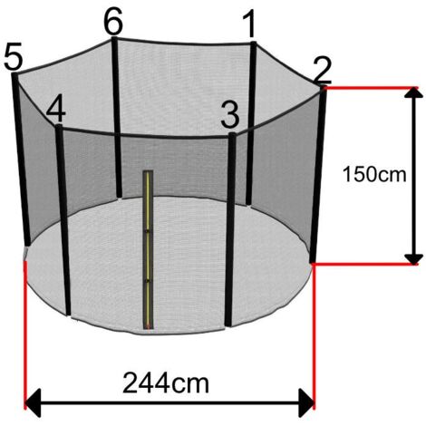 Filet trampoline 240-250cm – 6 montants 150cm – Ouverture zip et clips de sécurité – Maille serrée pour protection optimale