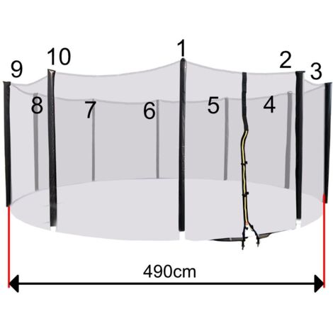 Filet trampoline 490 cm – 10 barres – hauteur 180 cm – fermeture zip et clips de sécurité – capuchons anti-perforation