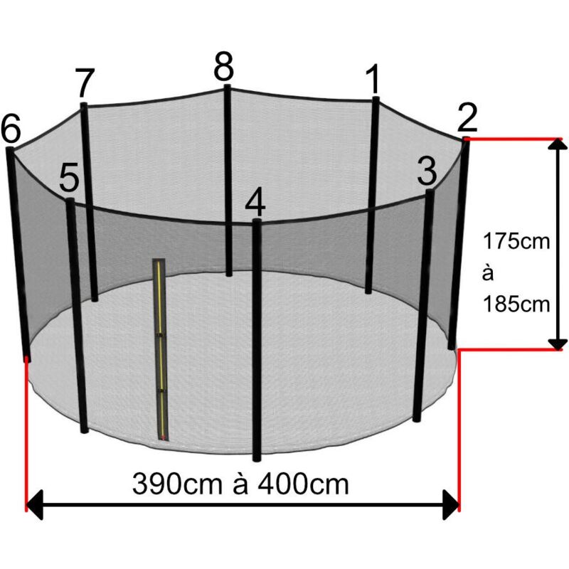 Filet Trampoline 4m à 390cm - 8 Barres - hauteur 180 cm - Fourreau Extérieur