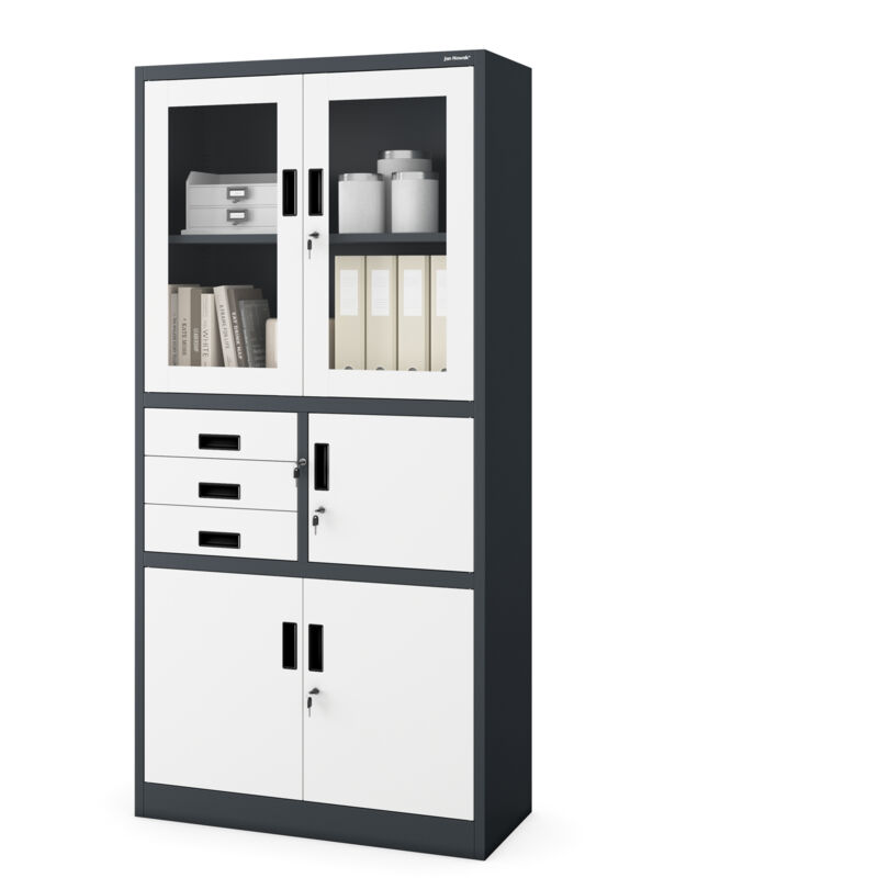 Armoire en métal avec vitrine et coffre-fort FILIP, 900 x 1850 x 400 mm, blanc anthracite
