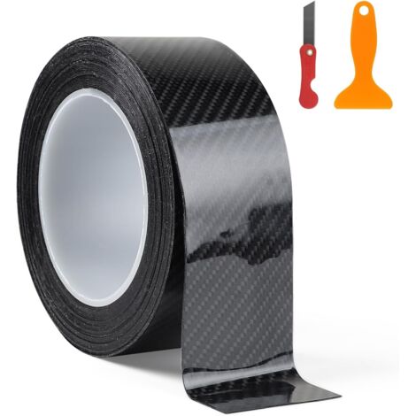 Film Carbone Voiture Autocollant 5D Noir Brillant 5cm × 10m Bandes Adhésives pour Peinture Seuil de Porte de Voiture Pare-chocs Coffre Vélo Moto Meubles