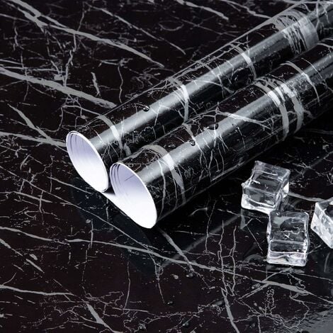 Film de marbre auto-adhésif 60 cm x 200 cm, autocollant en marbre pour cuisine, ruban de marbre en PVC imperméable, noir