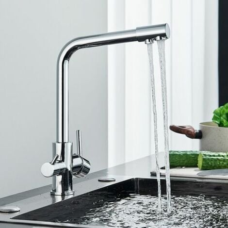 Filter Kitchen Tap 3 Way Water Filter Drinking Taps Sink Mixer Brass Swivel Spout with 2 Handles, Chrome