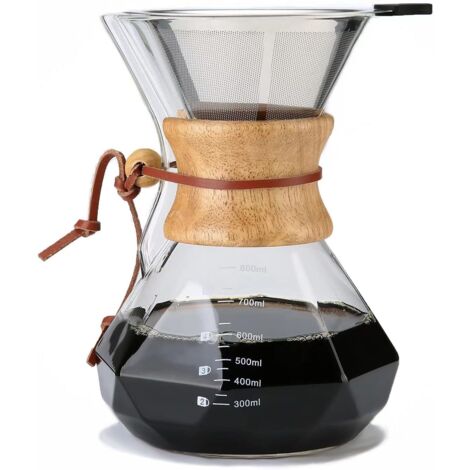 Filterkaffeemaschine mit wiederverwendbarem Edelstahlfilter, Kaffeekanne aus Borosilikatglas, Holzmanschette, manuelle Kaffeemaschine, Fassungsvermögen, 800 ml (4 Tassen)