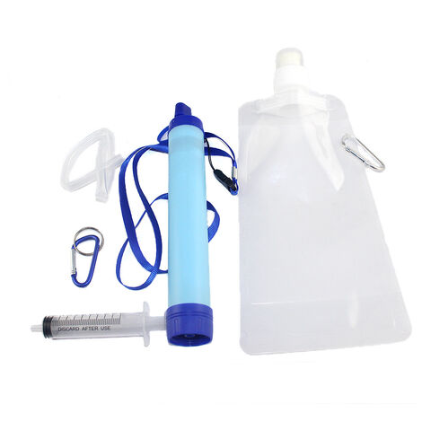 Filtre à Eau d'Urgence Extérieur, Filtre à Eau Personnel avec Accessoires, Système de Filtre à Eau de Camping Portable, Mini Paille Filtrante de Survie pour Randonnée et Trekking (Bleu)