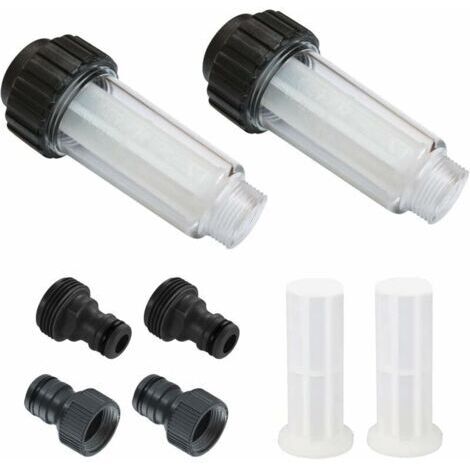 Filtre à eau pour tuyau d'arrosage – Lot de 2 pièces 3/4 pouces – Préfiltre avec 4 cartouches filtrantes et 2 raccords rapides – Protection nettoyeurs haute pression