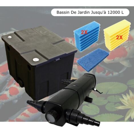 Filtre Bassin + Clarificateur UV Stérilisateur 18W, + Jeu de mousses Bassin De Jardin Jusqu'à 12000 Litres
