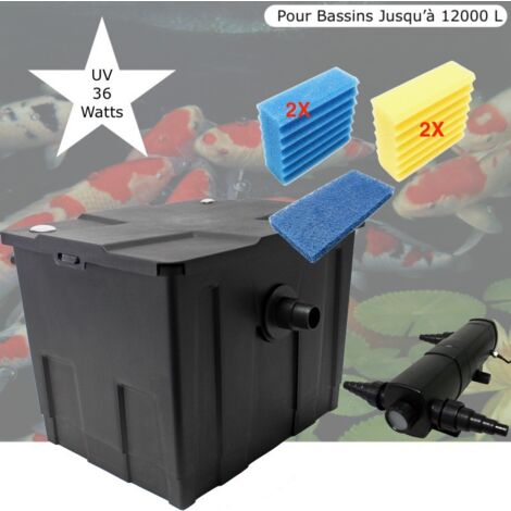 Filtre Bassin + Clarificateur UV Stérilisateur 36W, + Jeu de mousses Bassin De Jardin Jusqu'à 12000 Litres