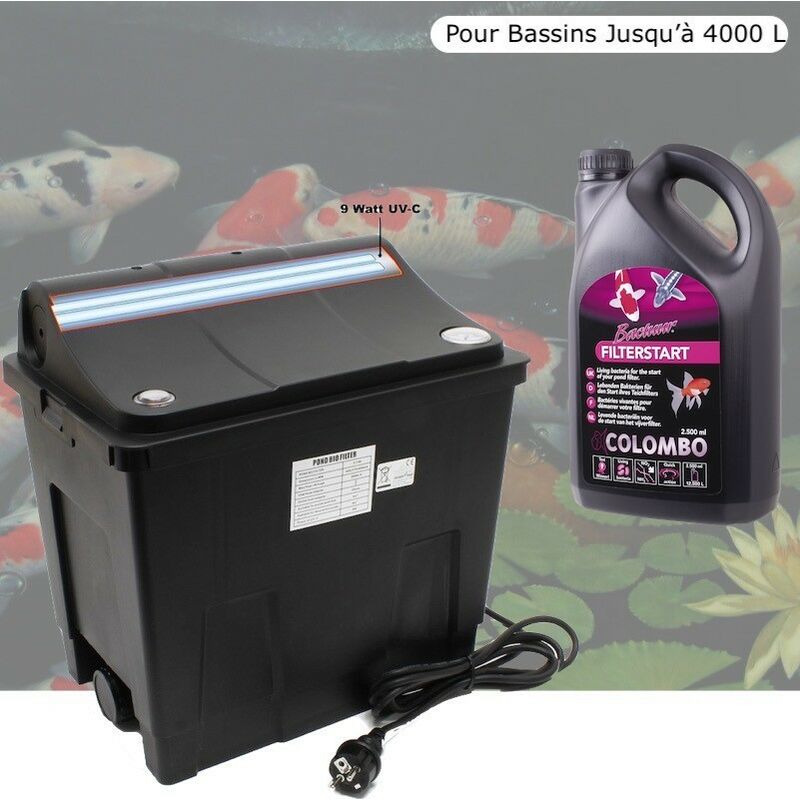 Filtre Bassin + Clarificateur uv Stérilisateur 9W + Bactéries 1000 ml Pour Bassin De Jardin, Jusqu'à 4000 Litres