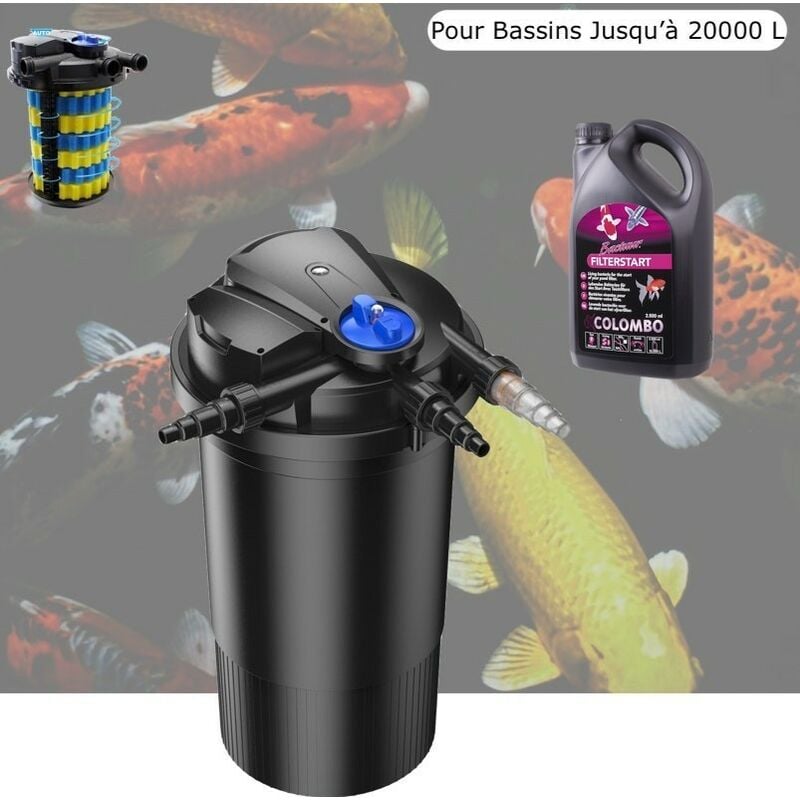 Filtre Bassin De Jardin Sous Pression, + Bactéries 2500 ml uv 18W, Max 20000L, Modèle Premium