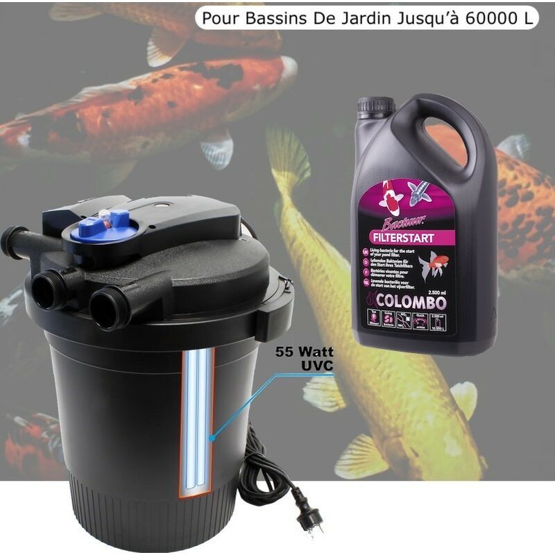 Filtre Bassin De Jardin Sous Pression, uv 55W, + Bactéries 2500 ml Max 50000L, Modèle Haut De Gamme