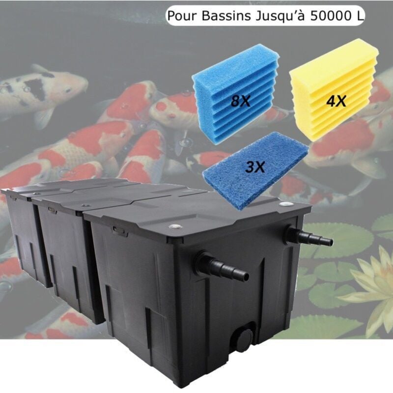 Filtre De Bassins De Jardin 50000 Litres + Jeu de mousses de remplacement sans poissons - Noir