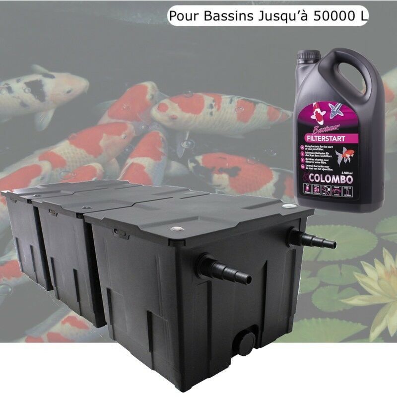 Filtre De Bassins De Jardin Et Etangs + Bactéries 2500 ml jusqu'à 50000 Litres sans poissons - Noir