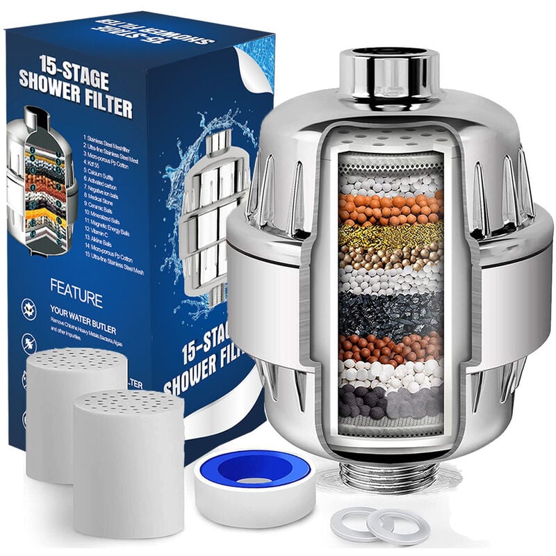 Filtre Douche Anti Calcaire à 15 Étapes Avec Vitamine c - Filtre de Douche Haut Débit pour Éliminer le Chlore et Fluorure - 2 Cartouches Incluses