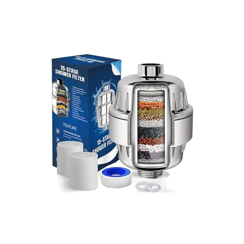 SNQ - Filtre Douche Anti Calcaire à 15 Étapes Avec Vitamine c - Filtre de Douche Haut Débit pour Éliminer le Chlore et Fluorure - 2 Cartouches
