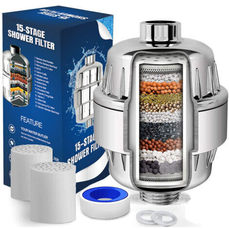 Filtre Douche Anti Calcaire à 15 Étapes Avec Vitamine C - Filtre de Douche Haut Débit pour Éliminer le Chlore et Fluorure - 2 Cartouches Incluses - Filtre de Douchette