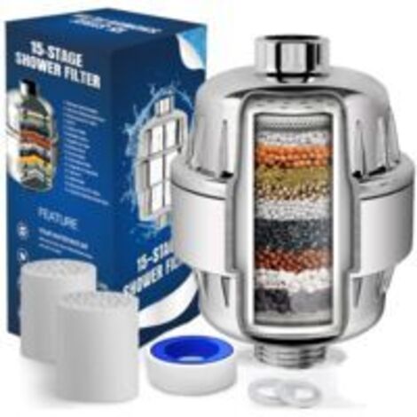 Filtre Douche Anti Calcaire à 15 Étapes Avec Vitamine C - Filtre de Douche Haut Débit pour Éliminer le Chlore et Fluorure - 2 Cartouches Incluses - Filtre de Douchette