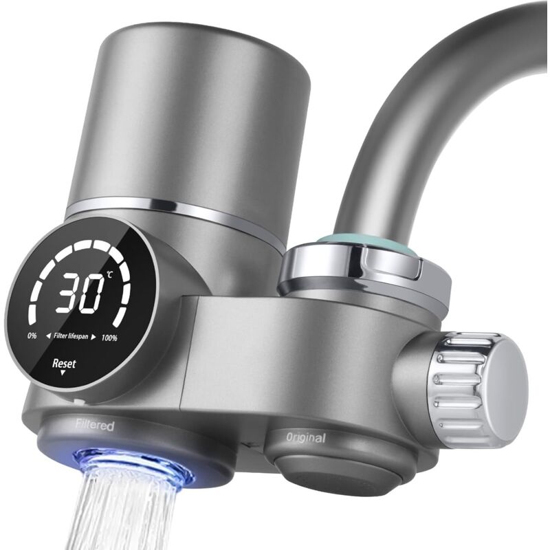 Filtre Eau Robinet, Système de Filtre à Eau avec Affichage LED, Comprend 1 Cartouche, 8 Couches de Filtrage, Enlève Impuretés, Chlore, Eau de Javel, 