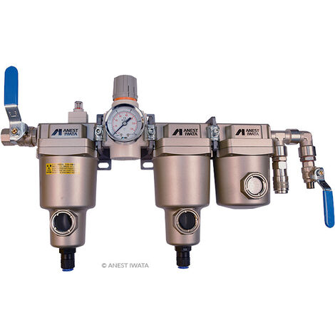 Filtre épurateur d'air 1/2' NM 89250232 – Filtration 3µ 99% – Régulateur 0 à 8,5 bar avec manomètre – Sortie M1/4'bsp – Iwata