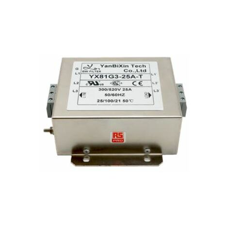 Filtre secteur RS PRO, 25A max, 3 phases, 520 V c.a. max, Montage sur châssis