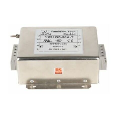 Filtre secteur RS PRO, 36A max, 3 phases, 520 V c.a. max, Montage sur châssis ( Prix pour 1 )